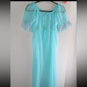 Sheer Peignoir Light Blue Nightgown with Embroidered Sleeves